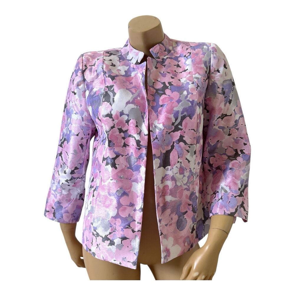 Alia Open Front Blazer Womens 10 Pink Purple Floral Mandarin Collar 3/4 Sleeve